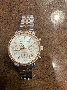 Michael Kors Two-Tone Rose Gold and Silver Mother-of-Pearl Chronograph Watch